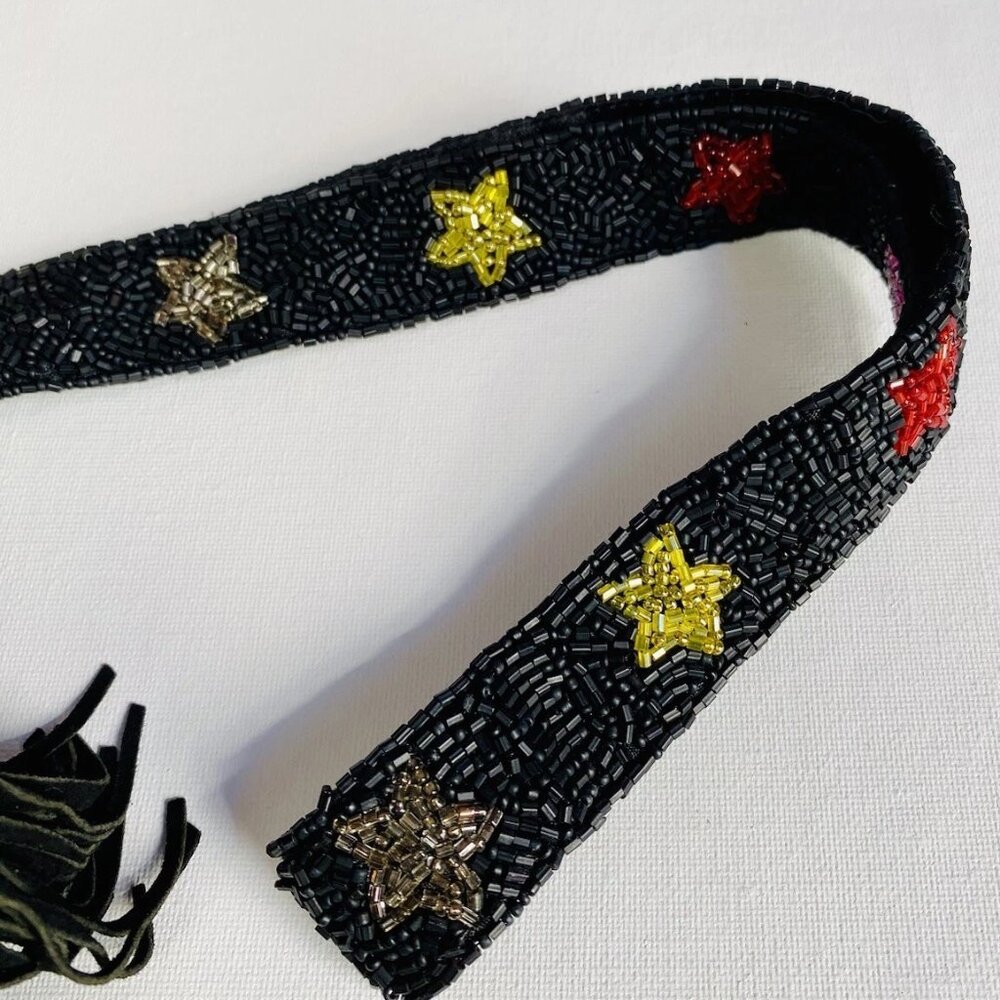 Black Metallic Rainbow Iridescent Cloud Hand Beaded Fringe Shoulder Bag Stars - Picture 3 of 8